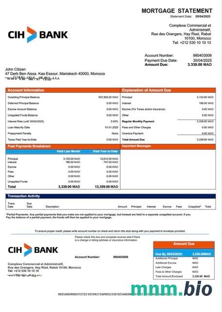 Maroko Crédit Immobilier et Hôtelier wyciąg z kredytu hipotecznego szablon Word i PDF